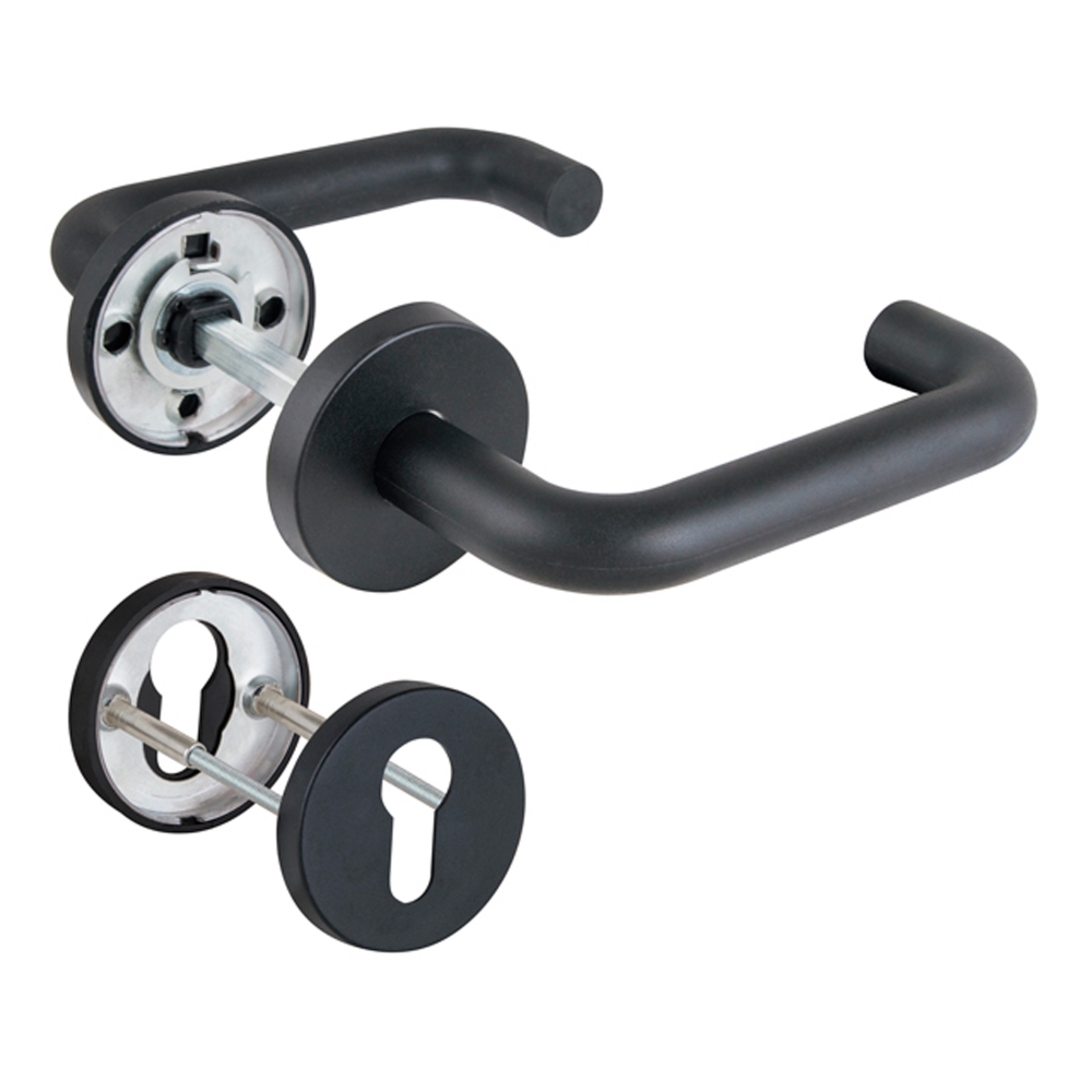 Фото Комплект дверных ручек с накладками под цилиндр FR.DH57.0219 NE (DH-0219 NE) 8x140 мм, BL-24 черный